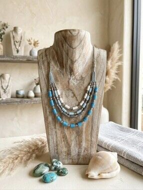 4 Strand Heishi Bead Necklace Turquoise Gray Southwestern Boho Statement 16.5"